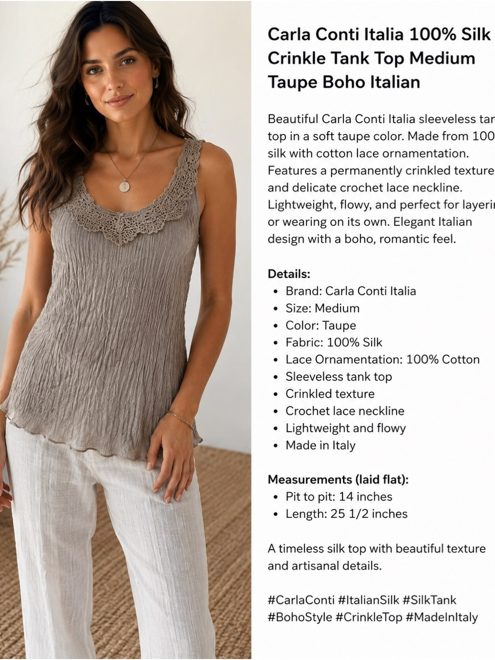 Carla‎ Conti Italia 100% Silk Crinkle Tank Top Medium Taupe